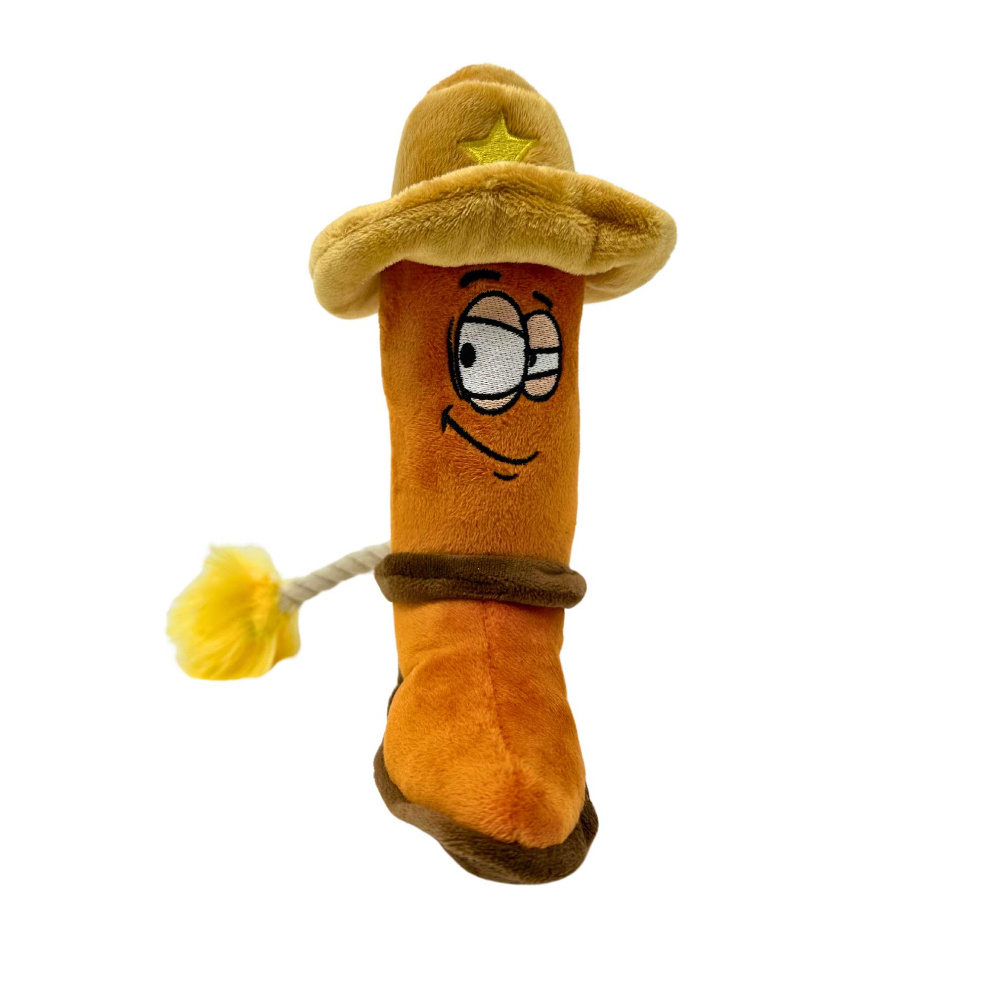 Cowboy boot plush dog toy with silly cartoon eyes, rope boot loop, crinkly sheriff hat, and squeaky body
