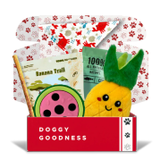 Vibrant red WoofCrate box filled with a pineapple plush toy, chew stick, and natural dog treats