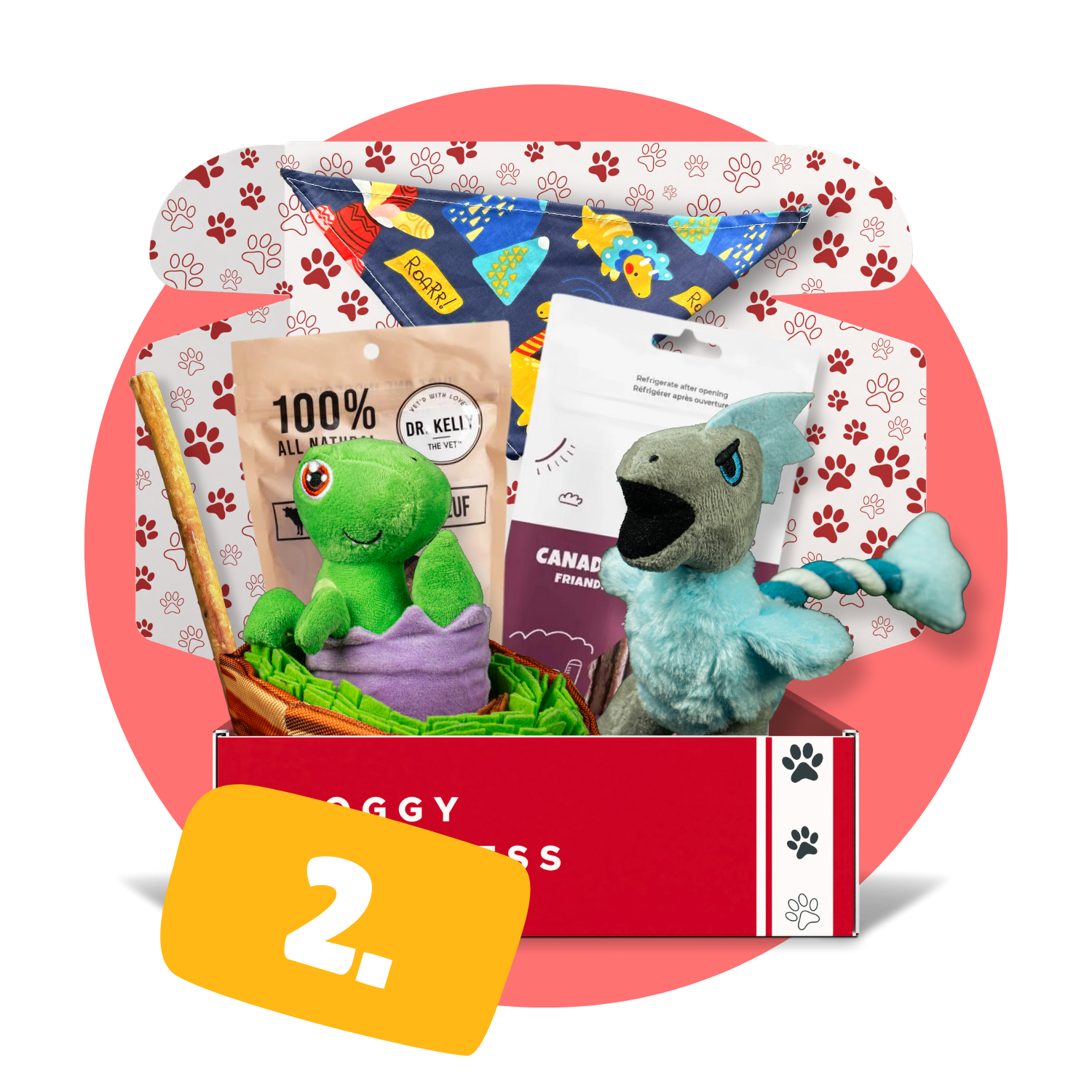 WoofCrate dog subscription box filled with dinosaur-themed toys, Canadian treats, and a colorful bandana