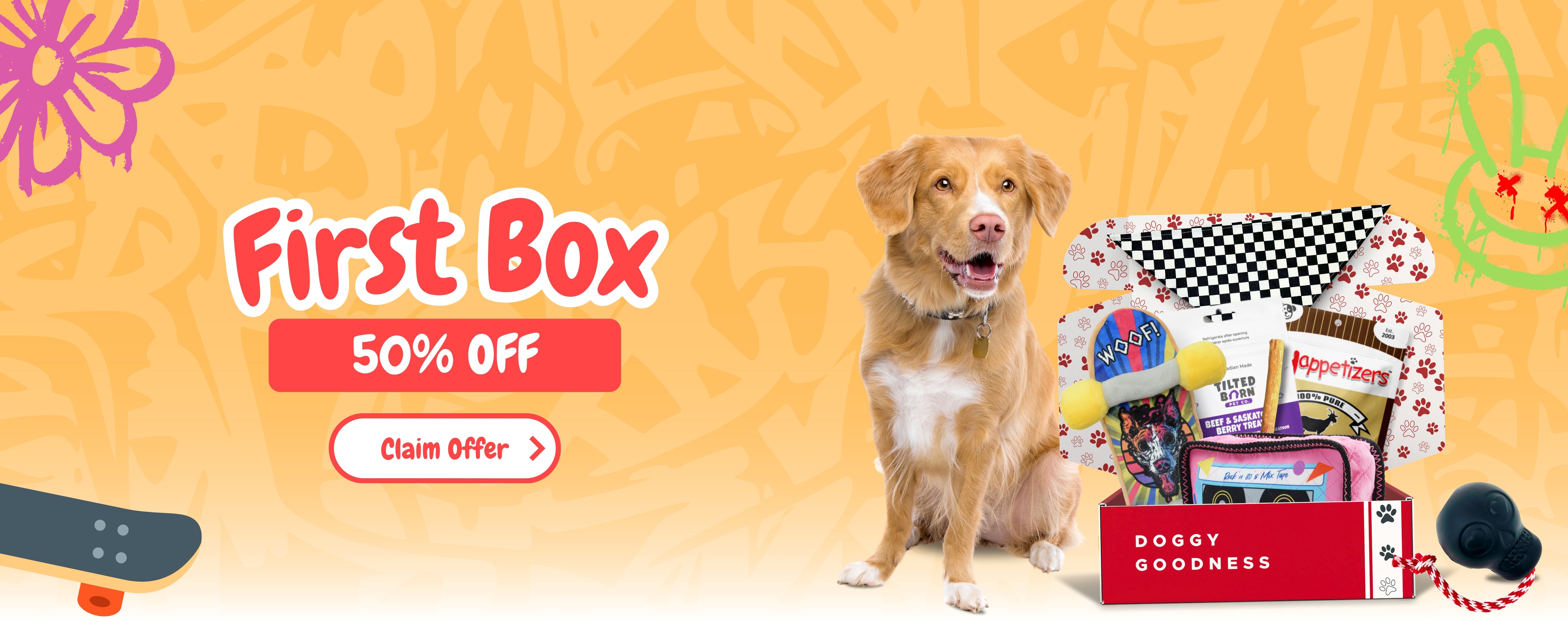 Dog next to open box of treats and toys with 'First Box 50% Off' and 'Claim Offer' text on orange background