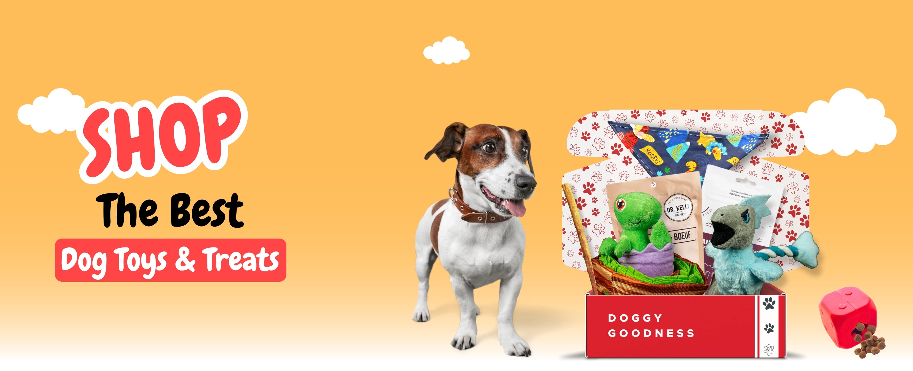 Jack Russell beside WoofCrate box filled with dog toys and treats under bold 'Shop the Best Dog Toys & Treats' headline