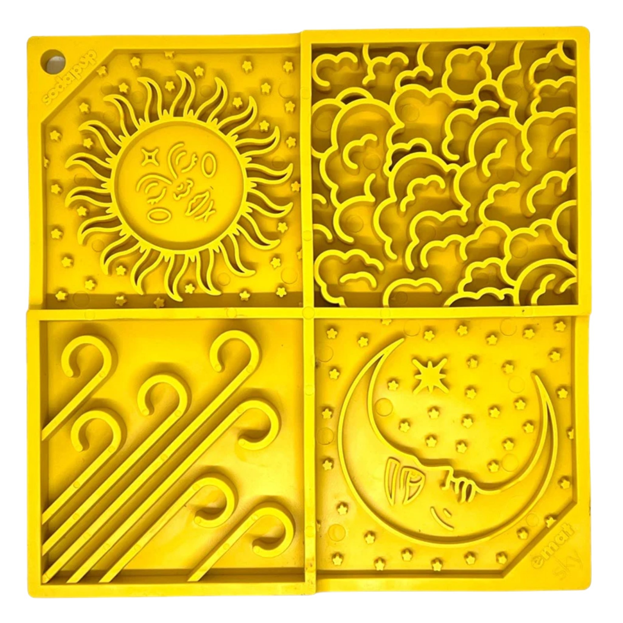 Yellow silicone dog and cat lick mat with celestial designs of the sun, clouds, wind and moon.